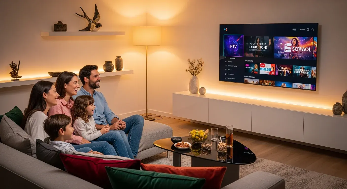 Família a ver IPTV Portugal na Smart TV da sala