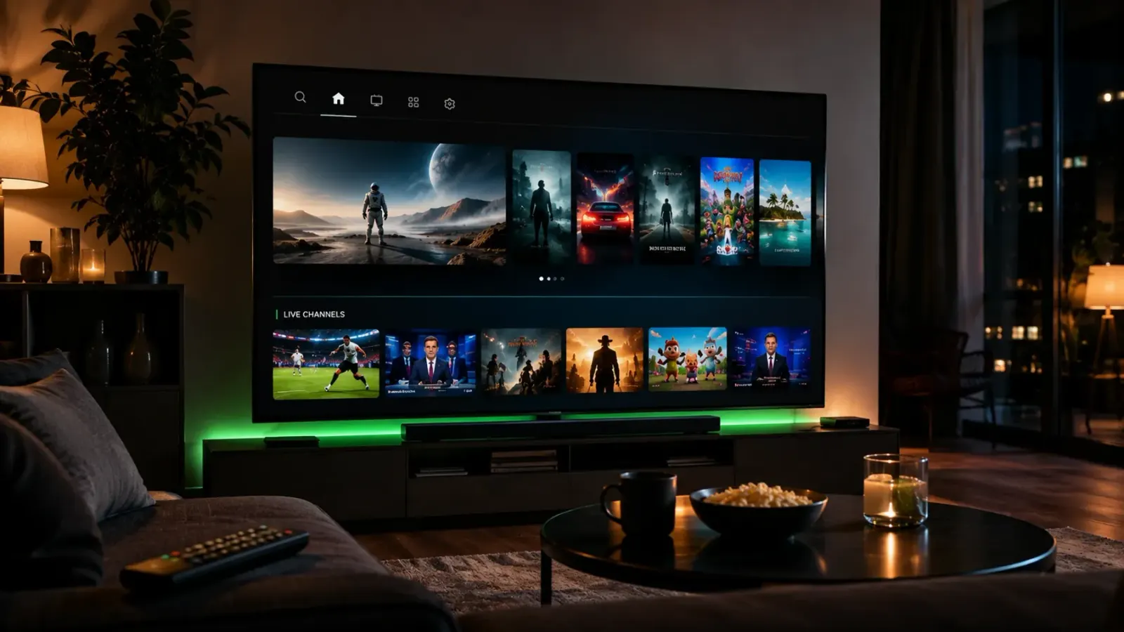Assinatura IPTV 12 meses numa Smart TV de sala com iluminação ambiente